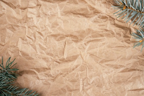 Visualização: Imagem de fundo de papel kraft texturizado reciclado amassado e áspero com galhos de árvore de Natal. Topo