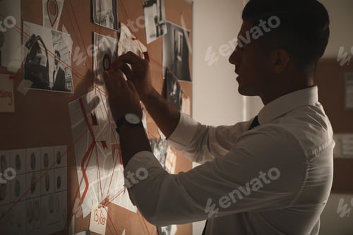 Preview: Detective looking at evidence board in office