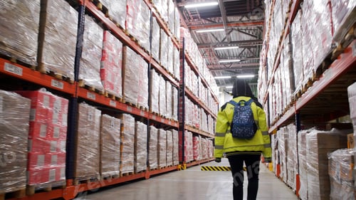 Preview: Professional Warehouse female worker wearing safety west and backpack. Creative. Walking through the