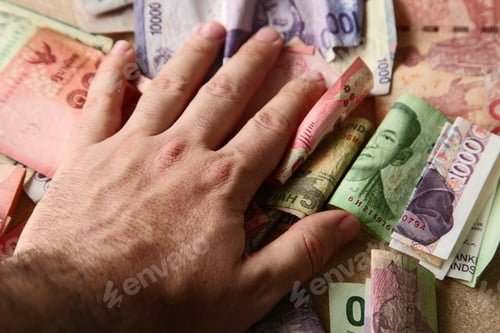 Preview: High angle shot of a person holding banknotes from different countries on a wooden surface