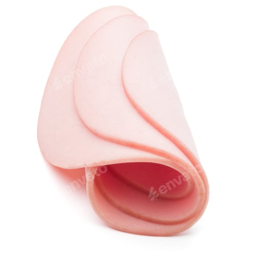 Preview: cooked boiled ham sausage or rolled bologna slices isolated on white background cutout