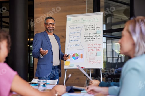 Preview: Happy mature businessman presenting plan to his business team