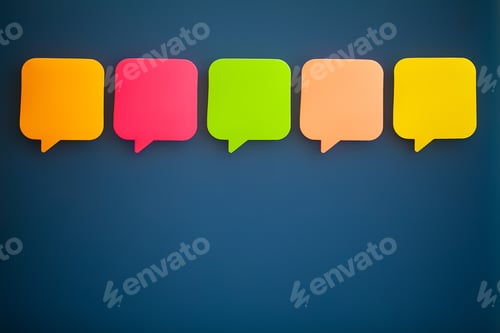 Preview: Colorful stickers on blue wall. Empty Space for text