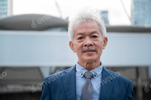 Preview: Portrait of Asian senior businessman in modern city