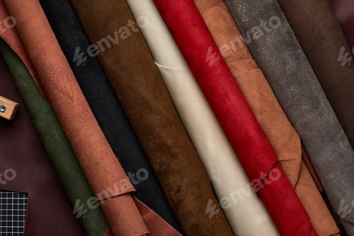 Preview: Artificial leather samples on a cow leather background. Top view.