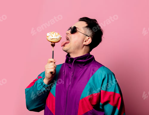 Preview: Style guy with donut on fork on pink background
