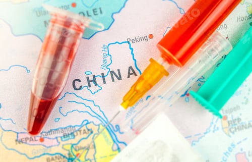 Preview: Vienna Austria, Feb.10.2020, map of china with blood test.ncov coronavirus, 2019