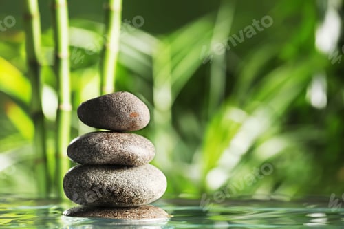Preview: Stacked stones on water surface against bamboo stems and green leaves. Space for text
