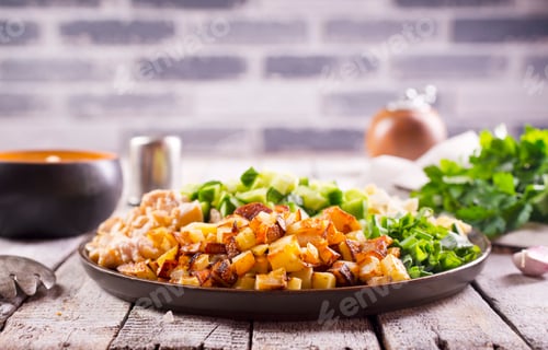 Preview: ingredients for salad. chicken, fried potato and vegetables