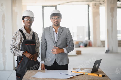 Preview: Architect and builder discussing blueprint in building under construction