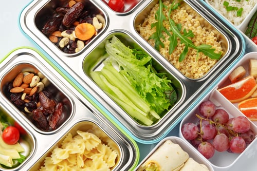 Preview: Many containers with delicious healthy food for background