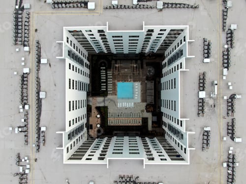 Preview: Aerial top shot of the roof construction of a building in Raleigh, North Carolina, USA