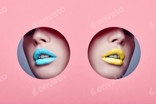 Preview: Beauty face makeup plump lips young two girls in round hole pink paper