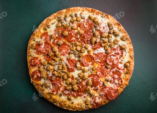 Preview: Pepperoni and Sausage Pizza – Top View, Close-Up Macro Shot