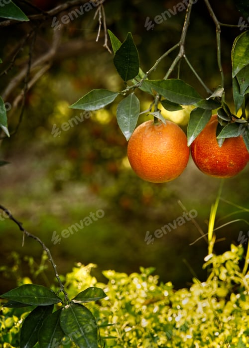 Preview: Vertical shot of beautiful and delicious oranges on the tree in a garden