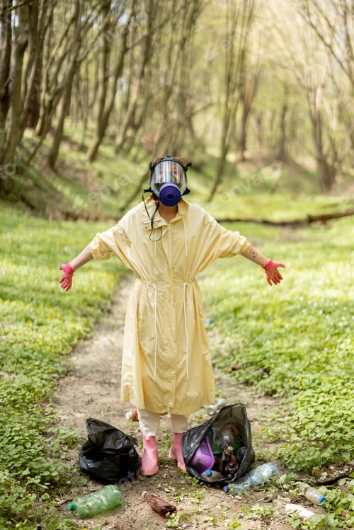 Preview: Woman in gas mask and protective clothes collecting scattered plastic garbage in the woods