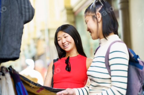 Preview: Happy women shopping on a street market