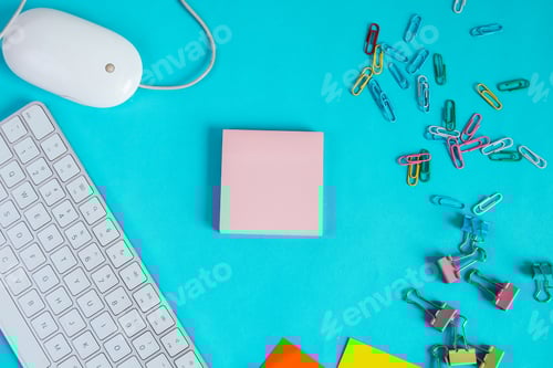 Preview: Flat Lay Of Keyboard, Mouse, Sticky Note, And Colorful Paper Clips