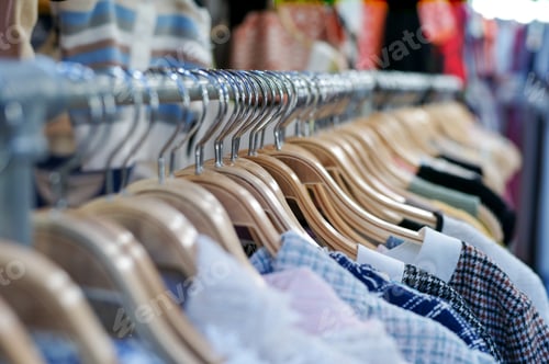 Preview: Selective focus on the wooden hangers with clothes on the stainless rack at the outdoor flea market.