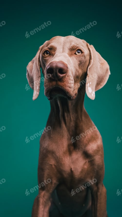 Preview: Weimaraner dog looking attentive in studio portrait