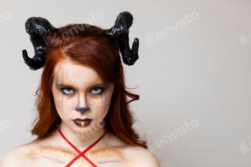 Preview: Beautiful young woman with makeup zodiac signs of Capricorn or Aries or Taurus. Girl with horns