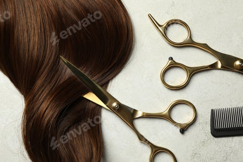 Preview: Professional hairdresser scissors and comb with brown hair strand on grey table, flat lay