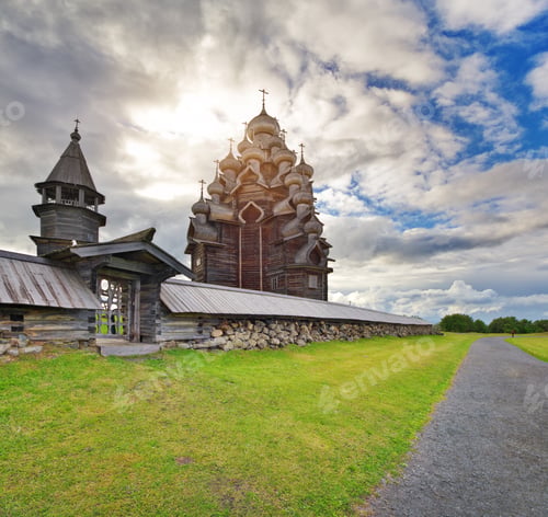 Preview: Panorama view of the famous Kizhi Pogost at summer day.