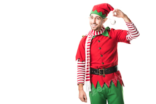 Preview: smiling man in christmas elf costume holding bauble and looking at camera isolated on white