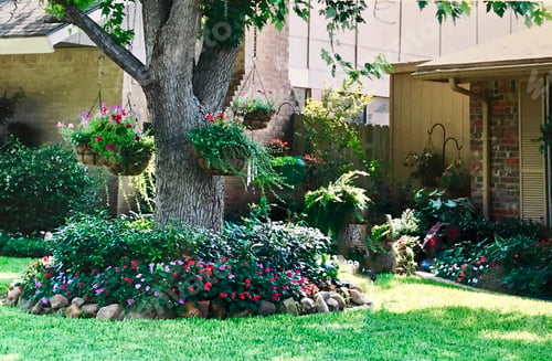 Preview: Beautiful residential landscaped front yard with flowers, hanging baskets, ferns and green plants