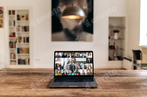 Preview: Online virtual business meeting. View at laptop screen with adult intelligent influential caucasian