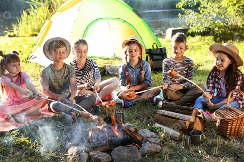 Preview: Little children frying sausages on bonfire. Summer camp