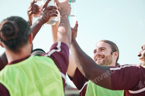 Preview: Soccer team, water bottle and exercise cheers with teamwork, achievement and community on grass fie