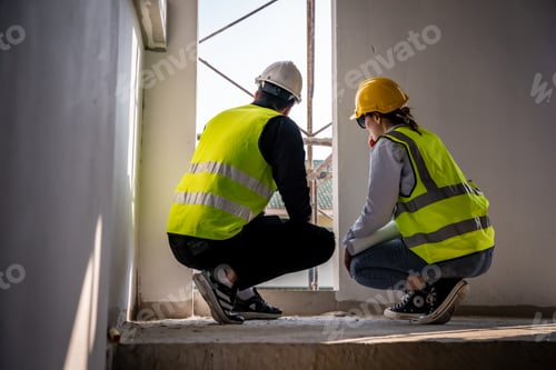 Preview: Engineer inspect building structure technicians looking at analyzing unfinished construction project