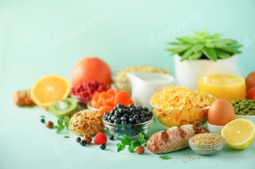 Preview: Corn cereal, muesli, milk, berries, orange juice, yogurt, boiled egg, nuts, fruits, banana, peach