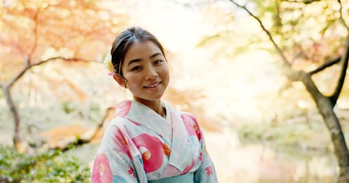 Preview: Nature, culture and portrait of Japanese woman in park for wellness, fresh air and relax outdoors.