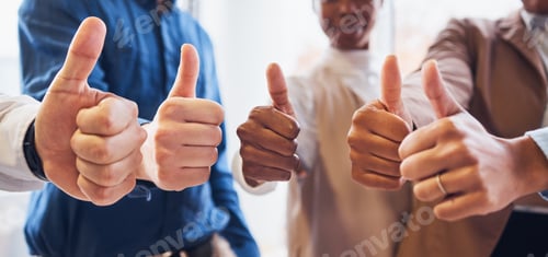 Preview: Business people, hands and thumbs up for success, good job or thank you in team agreement at office