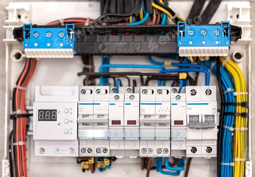Preview: Voltage switchboard with circuit breakers, close up.