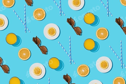 Preview: Summer pattern on a bright blue pastel background sunlight fruity orange and sunglasses.