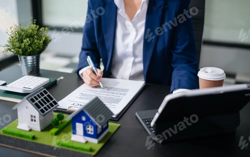 Preview: balancing the property sector The real estate agent is explaining the house style to see the house