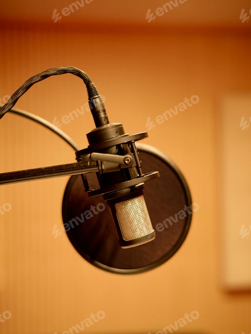 Preview: Condenser microphone with pop filter attached to a boom arm set against a blurred warm background.