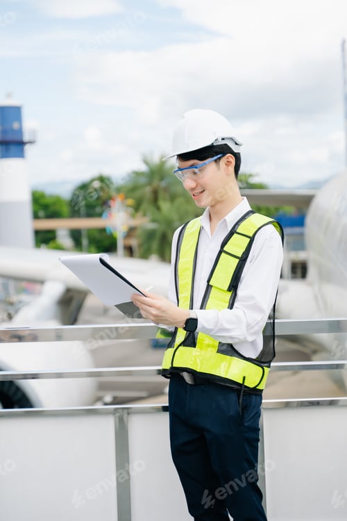 Preview: Aviation engineer inspects airplane for safety compliance. Professional aerospace technician at work