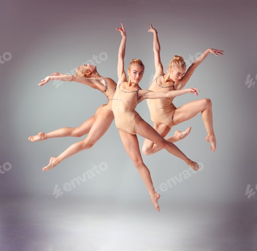 Preview: The Young Beautiful Ballerina Dancer On A Gray Background. Collage