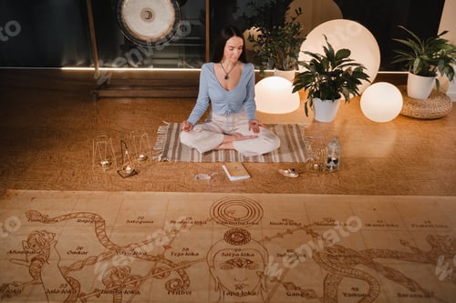 Preview: A young woman sits in the lotus position before the start of the game leela and holds a game cube in