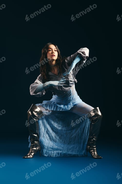 Preview: Stylish young woman showcases trendy outfit in modern studio setting with flair