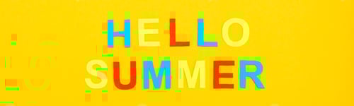Preview: Hello summer. The inscription of colored carved letters on a yellow cardboard. Top view. Web banner