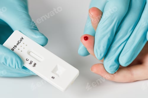 Preview: Doctor taking patient blood from finger for quick covid test. COVID-19 Antibody Testing.