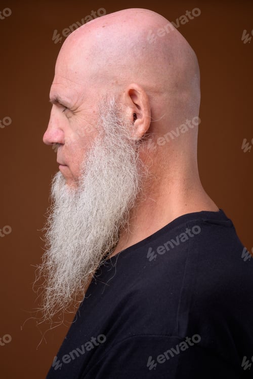 Preview: Mature bald man with long gray beard against brown background
