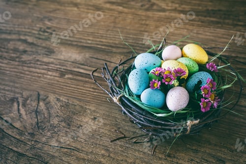 Preview: Easter background. Bright colorful eggs in nest with spring flowers over wooden dark background