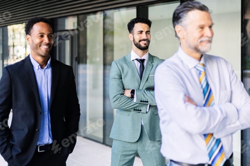 Preview: Successful three corporate businessmen team standing together outside.