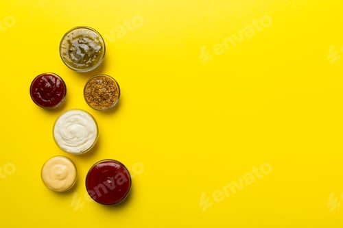 Preview: Different types of sauces in bowls on a colored Board . Top view. various sauces copy space